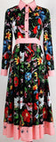 Color-Contrast Floral-Print Midi Shirt-Dress
