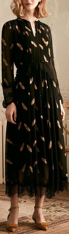 Leaf Print Lace-Trim Chiffon Dress