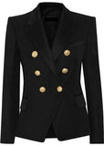 Double-Breasted Gold Button Twill Blazer, Black - DESIGNER INSPIRED FASHIONS