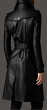 Black Double-Breasted Faux-Leather Trench Coat - DESIGNER INSPIRED FASHIONS