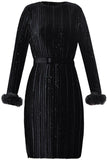 Black Glitter Pleated Dress with Rabbit-Fur-Trim