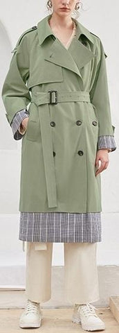 Plaid-Trim Trench Coat