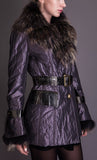 Fur-Collar Belted Short Down Coat, Purple