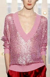 Pink V-Neck Sequin Embellished Sweater & Red Wide-Leg Pants - DESIGNER INSPIRED FASHIONS