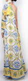 Long Tile Printed Satin One-Sleeve Maxi Dress - DESIGNER INSPIRED FASHIONS