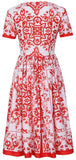 Tile Print Knee Length A-Line Dress in Red & White - DESIGNER INSPIRED FASHIONS