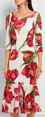 Tulip Print Dress in White - DESIGNER INSPIRED FASHIONS