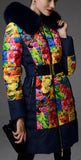 Multi-Colored Floral Print Down Coat with Fox Fur Trim - DESIGNER INSPIRED FASHIONS