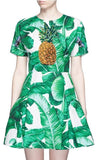 'Banana Leaf' Print Pineapple Embellished Brocade Dress - DESIGNER INSPIRED FASHIONS