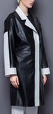 Faux-Leather Color-Contrast Coat in Black & White - DESIGNER INSPIRED FASHIONS