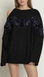 Wing-Embroidered Cold-Shoulder Sweatshirt, Black