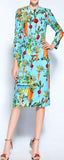 Blue Vegetable-Print Midi Pencil Dress
