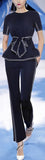 Contrast-Stripe Belted Top and Pant Set - Deep Navy Blue or White