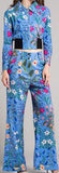 Printed Cropped Jacket & Pant Set-Blue