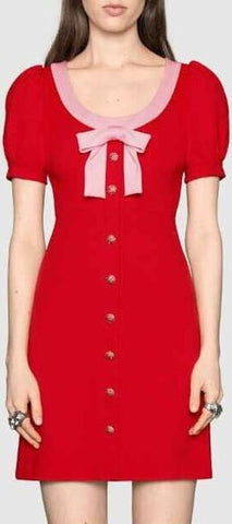 Bow-Trim Crystal Button Dress