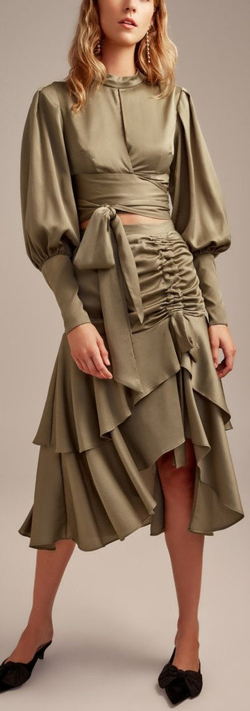 Tie-Wrap Blouse and Ruched Tiered Skirt