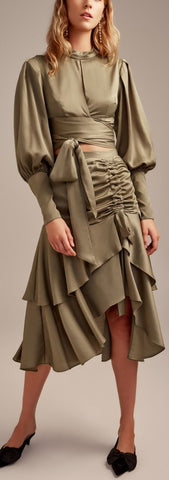 Tie-Wrap Blouse and Ruched Tiered Skirt