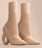 Knitted Boots with Sculpted Heel, Beige
