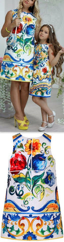 'Majolica' Tile Printed Mother & Daughter Matching Dresses - DESIGNER INSPIRED FASHIONS