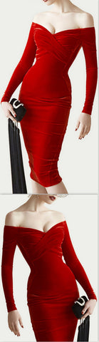 Off-The-Shoulder Red Velvet Dress - DESIGNER INSPIRED FASHIONS
