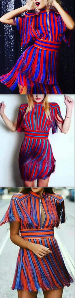 Fringed Striped Mini Dress - DESIGNER INSPIRED FASHIONS