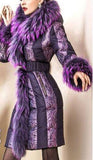 Belted Fur-Trimmed Down Coat in Purple - DESIGNER INSPIRED FASHIONS