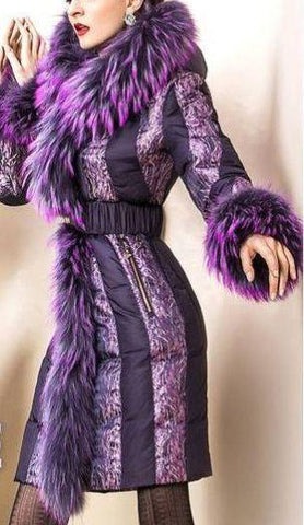 Belted Fur-Trimmed Down Coat in Purple - DESIGNER INSPIRED FASHIONS
