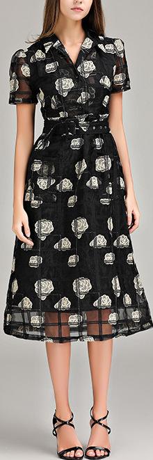 Floral-Embroidered Lattice Mesh Dress
