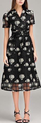 Floral-Embroidered Lattice Mesh Dress