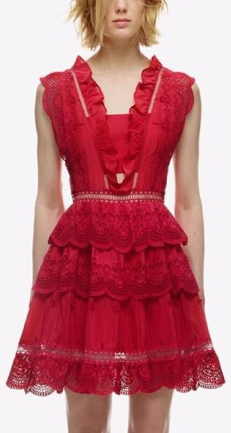 Three Tiered Peplum Lace Dress in Red - DESIGNER INSPIRED FASHIONS