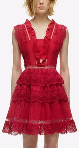 Three Tiered Peplum Lace Dress in Red - DESIGNER INSPIRED FASHIONS