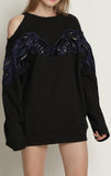 Wing-Embroidered Cold-Shoulder Sweatshirt, Black