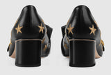 Embroidered Leather Mid-Heel Pump, Black