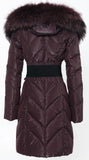 Belted Thick-Fur-Hooded Puffer Coat, Black or Maroon