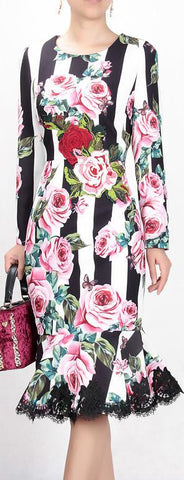 Floral & Striped Printed Lace-Hem Fluted Dress - DESIGNER INSPIRED FASHIONS