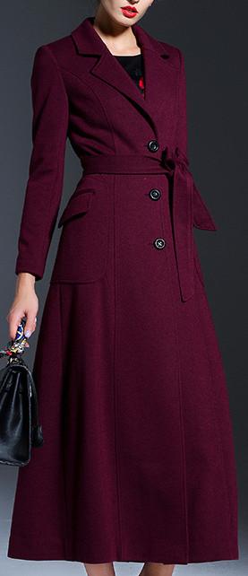 Full-Length Tie-Waist Coat in Wine Red - DESIGNER INSPIRED FASHIONS