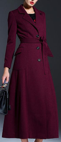 Full-Length Tie-Waist Coat in Wine Red - DESIGNER INSPIRED FASHIONS
