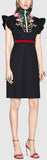 Floral-Embroidered Zip-up High Neck Web-Trim Dress