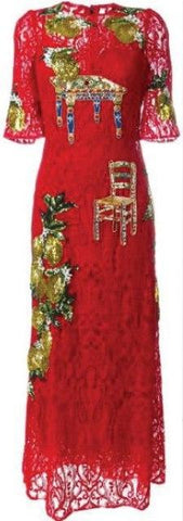 Red Sequin Embellished Lace Midi Dress