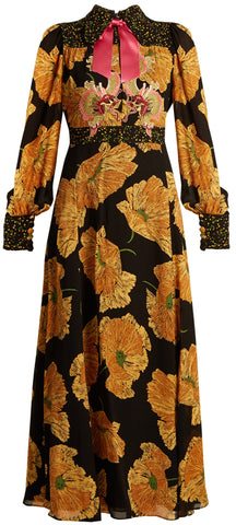 Dragon-Embroidered Poppy-Print Crepe Dress | DESIGNER INSPIRED FASHIONS