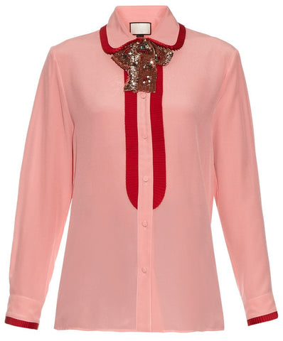 Sequin Neck-Bow Silk Ruffle Oxford Shirt-Pink - DESIGNER INSPIRED FASHIONS