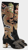 Dragon Satin Mid-Heel Knee Boot, Black