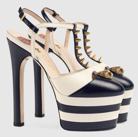 Studded Striped-Leather Platform Pump-Black - DESIGNER INSPIRED FASHIONS