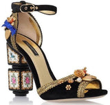 Black Velvet Sandal with Sculptural Heel & Embroidery - DESIGNER INSPIRED FASHIONS