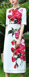 Half-Sleeve Floral Print Midi Dress - White/Pink - DESIGNER INSPIRED FASHIONS