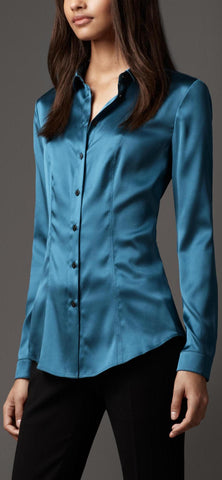 Slim-Fit Satin Shirt, Blue