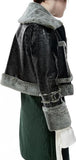 Crocodile Effect Faux-Leather Bomber Jacket with Fur Trim