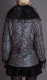 Crinkle Metallic Quilted Jacket with Fur Collar, Purple