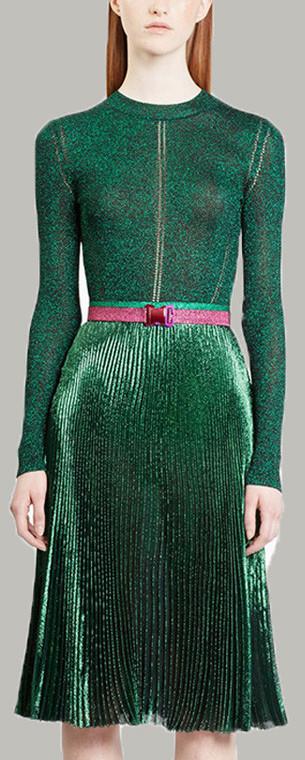 Metallic Knit Stretch Sweater & Long Pleated Skirt in Green or Wine Red - DESIGNER INSPIRED FASHIONS