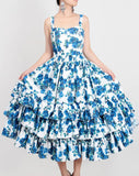 Blue-Floral-Printed Tiered Sundress